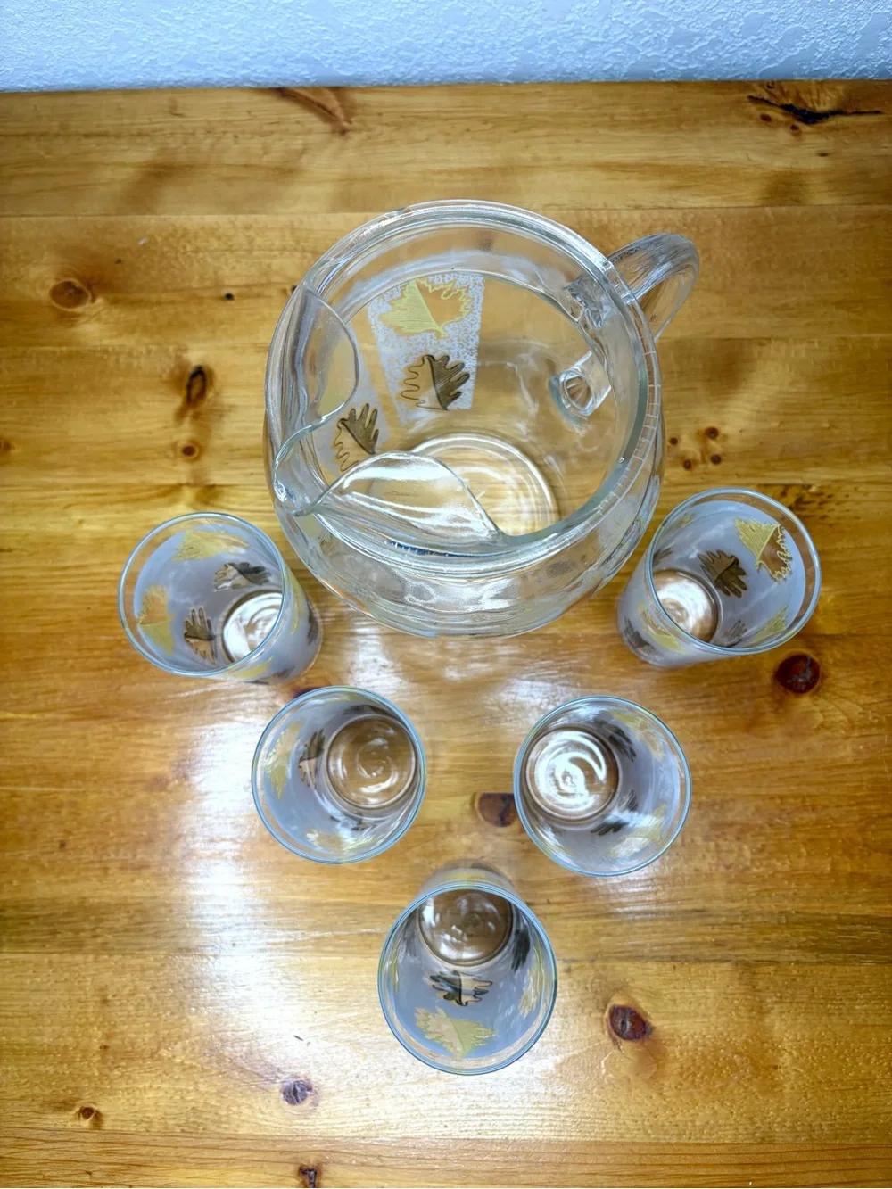 Vintage Libbey Frosted Black Yellow Leaves Pitcher And Glass Tumblers Set Of 6